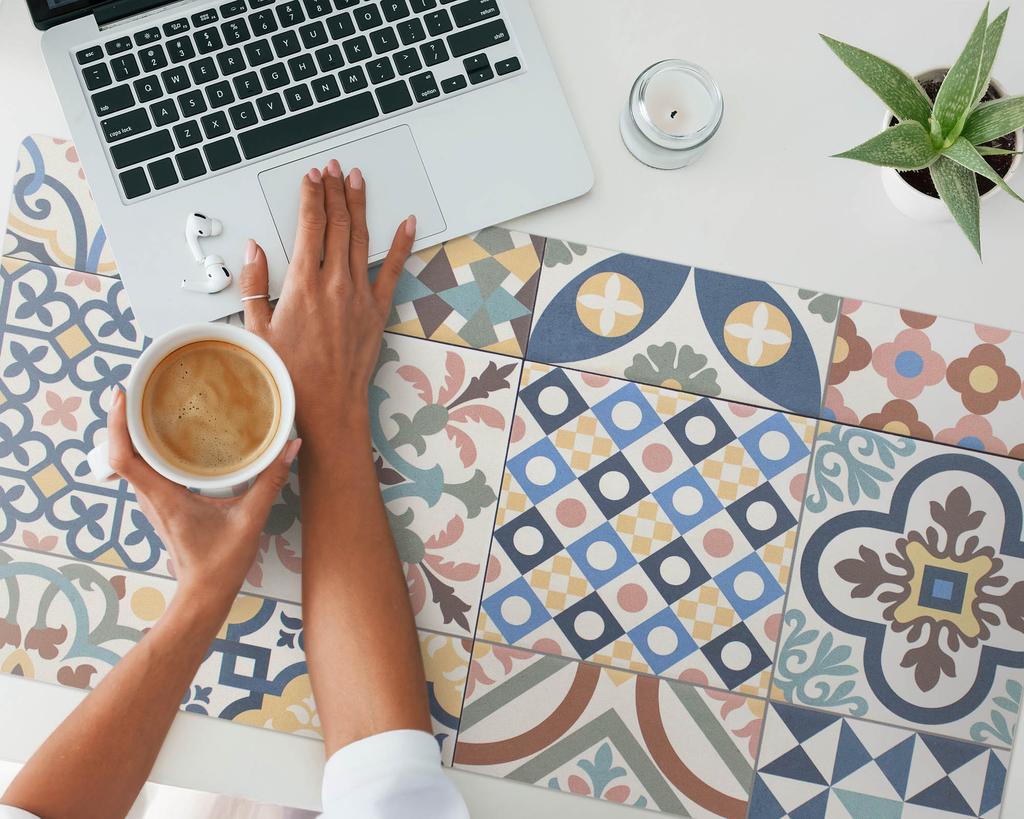 Durable Anti-Slip Desk Mat with Retro Tiles Patterns 100x50 Cm