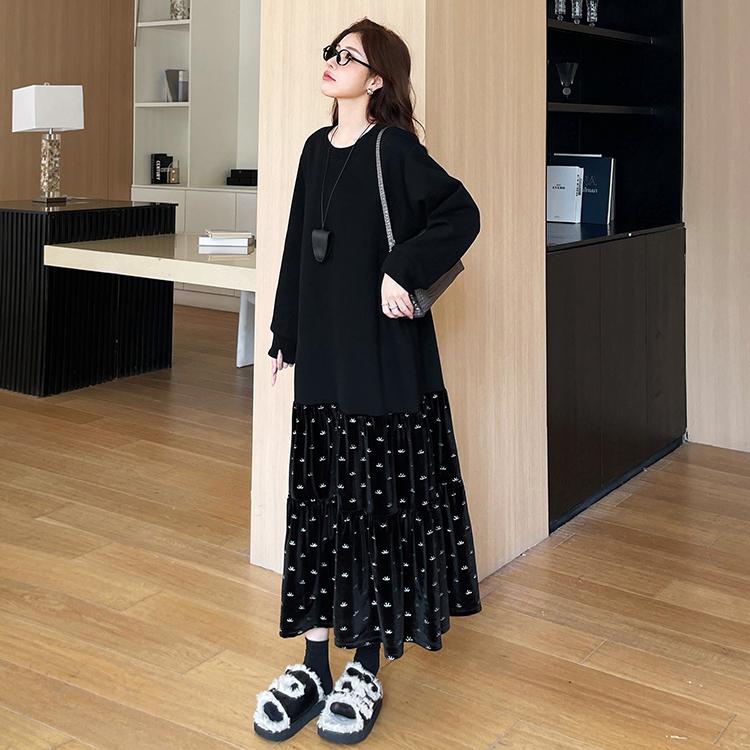 

DIMANAF 2025 Women Pluls Size Dress Cotton Long Autumn Casual Shirt Solid New Loose Pullover 3XL чёрный