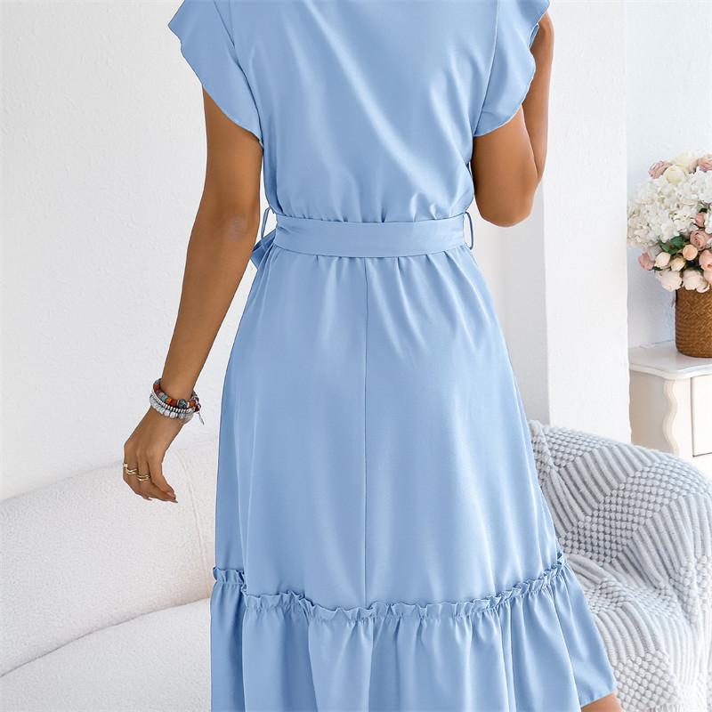 2026 Spring/Summer Women's Stand up Collar Ruffle Lace Waist Shirt Skirt S-XL