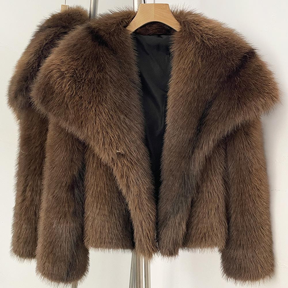 European and American winter new imitation fur coat women's clothing imitation fox hair short fashion striped large lapel coat