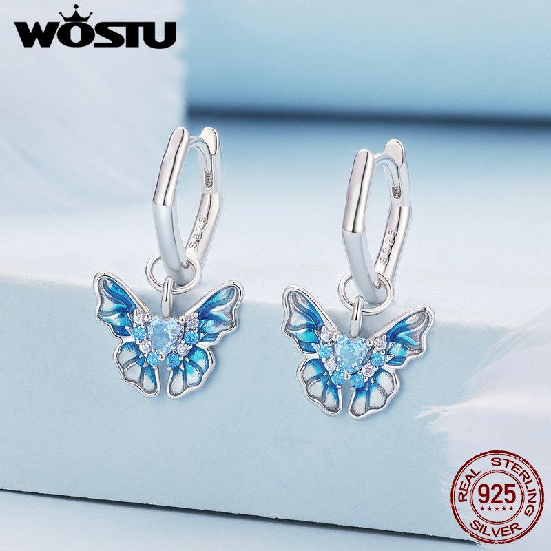 WOSTU 925 Sterling Silver Blue Butterfly Drop Hoop Earrings Women Dreamy Zircon oil printed Ear Clips Statement Wedding Jewelry