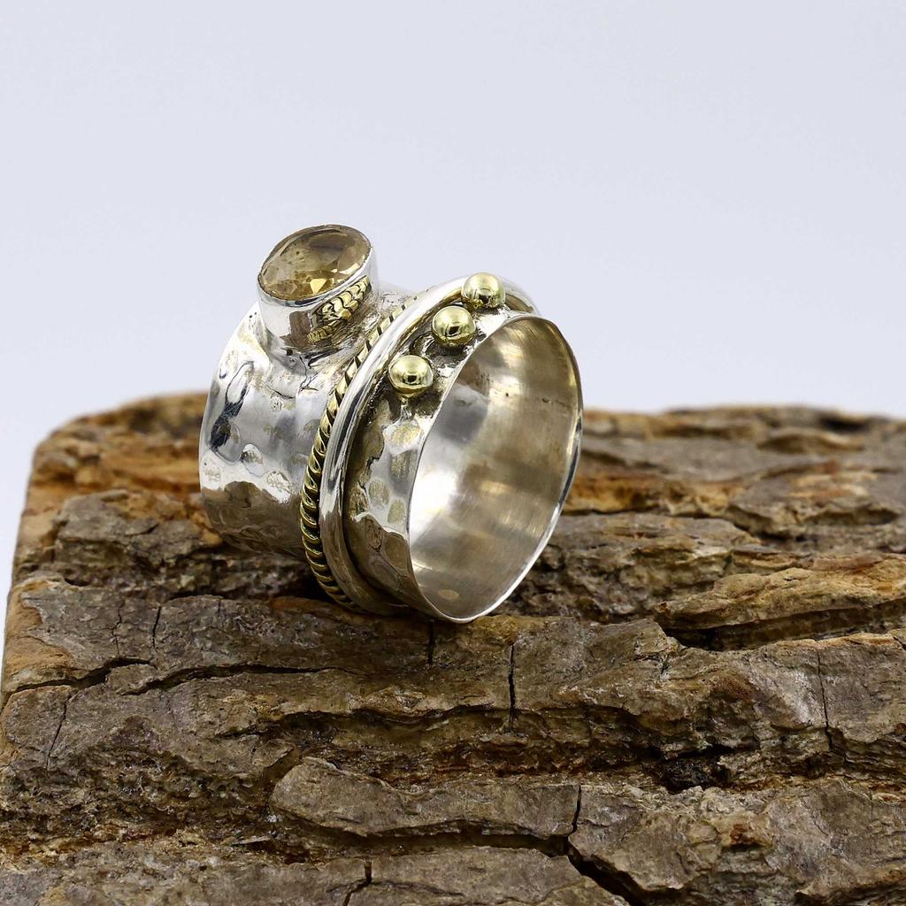 Citrine Gemstone Ring, Boho Designer Ring, Handmade Ring, Spinner Band Ring, Fashion Jewelry, Unisex Ring