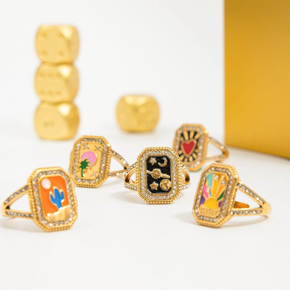 Moon Stainless Steel Ring 18K Gold Plated Heart Square Tower Ring Unique Geometric Open Ring  Women