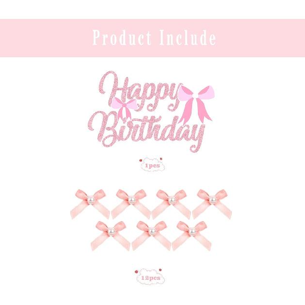 12Pcs Mini Pink Bow And Pearl Cake Toppers, 1 Pc Happy Birthday Sign,Coquette Cake Toppers for Pink Bow Birthday Decorations, Baby Shower, Bridal
