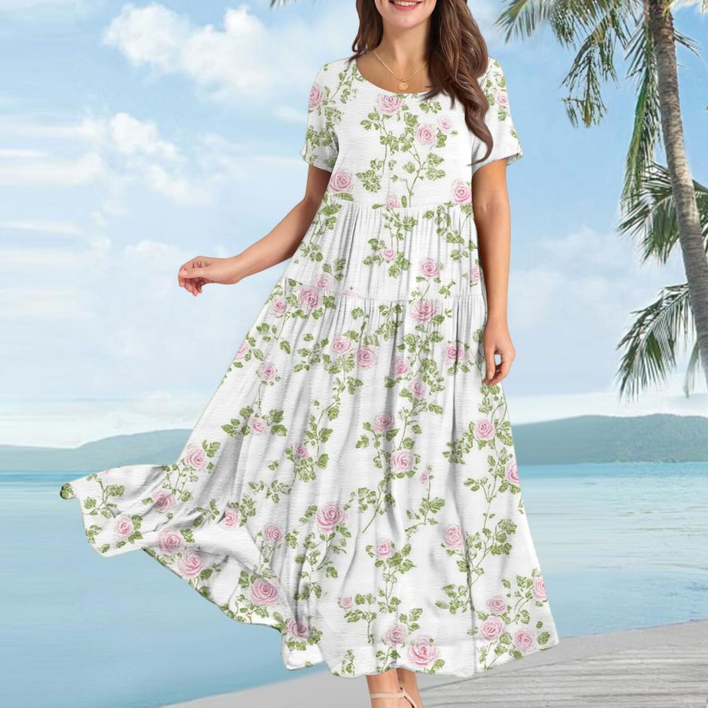 Women's Casual Loose Bohemian Floral Print Short Sleeve Dress