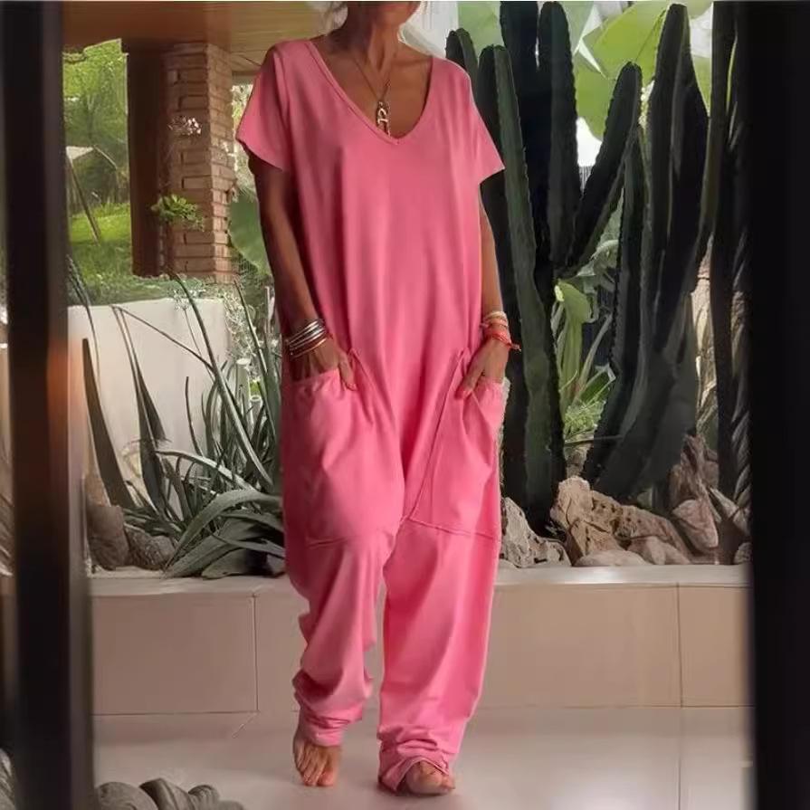 Zomer Vintage Jumpsuits Dames Korte Mouw Losse Playsuit Overall Romper Effen Elegante Zak Rompers Één Delig