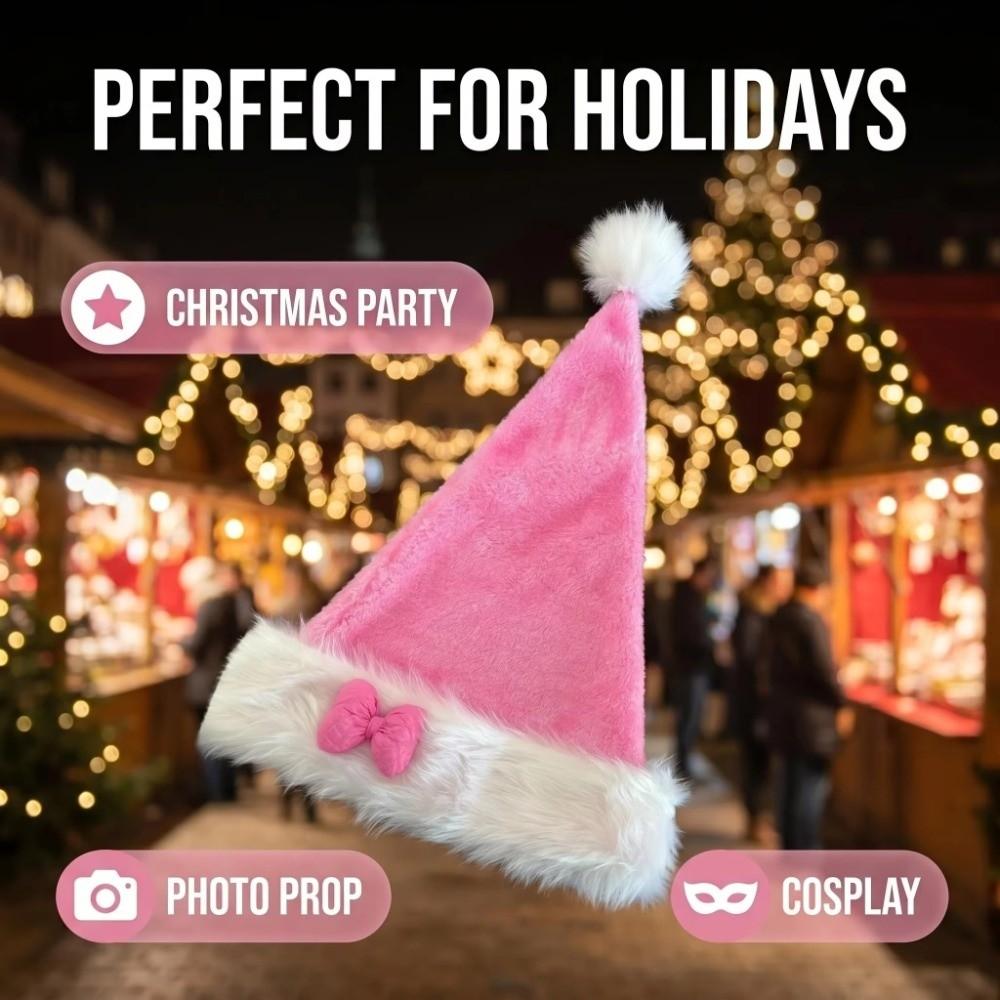 Fluffy Santa Hat Pink Bow Red White Plush Hat New Christmas Hat for Christmas Party