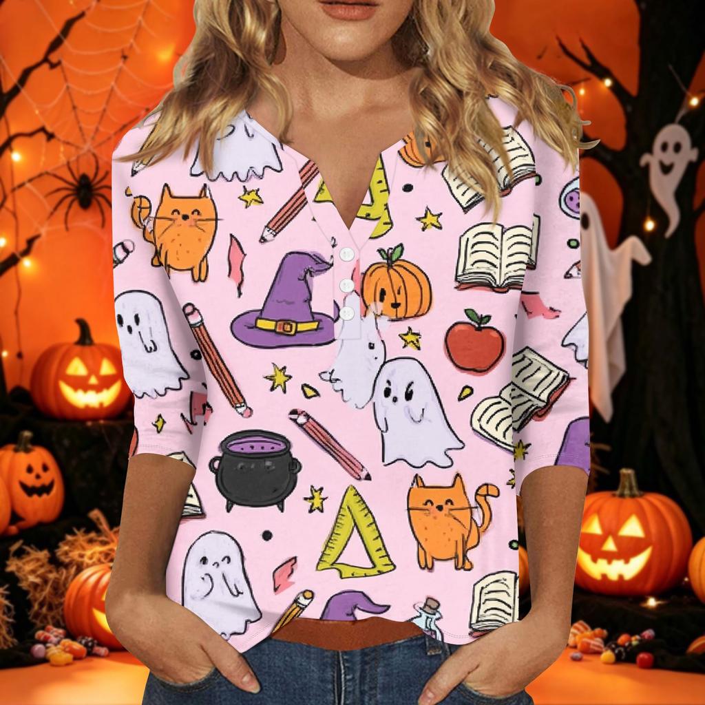 Women's Halloween Print V-Neck 3/4 Sleeve T-Shirt with Decorative Buttons Casual Top
