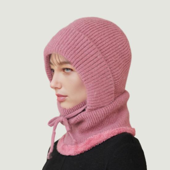 Outdoor Headgear Solid Color Plush Trim Windproof Warm Face Guard Scarf Hat Skiing Hiking Biking Winter