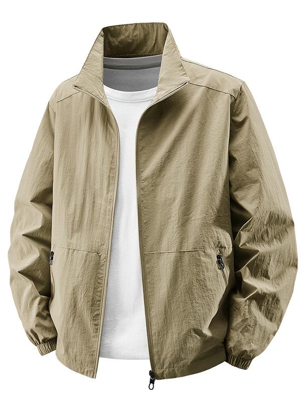 Men's Lightweight Stand-Up Collar Jacket, Multi-Pocket, Loose Fit, Plus Size, Spring/Autumn for Middle-Aged & Elderly.