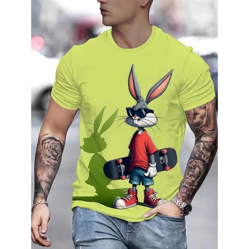Neues Brillen tragendes Cartoon-Kaninchen Herren-T-Shirt Mode Tier- und Cartoon-Print-Design Rundhals Lässig Sport Herrenbekleidung