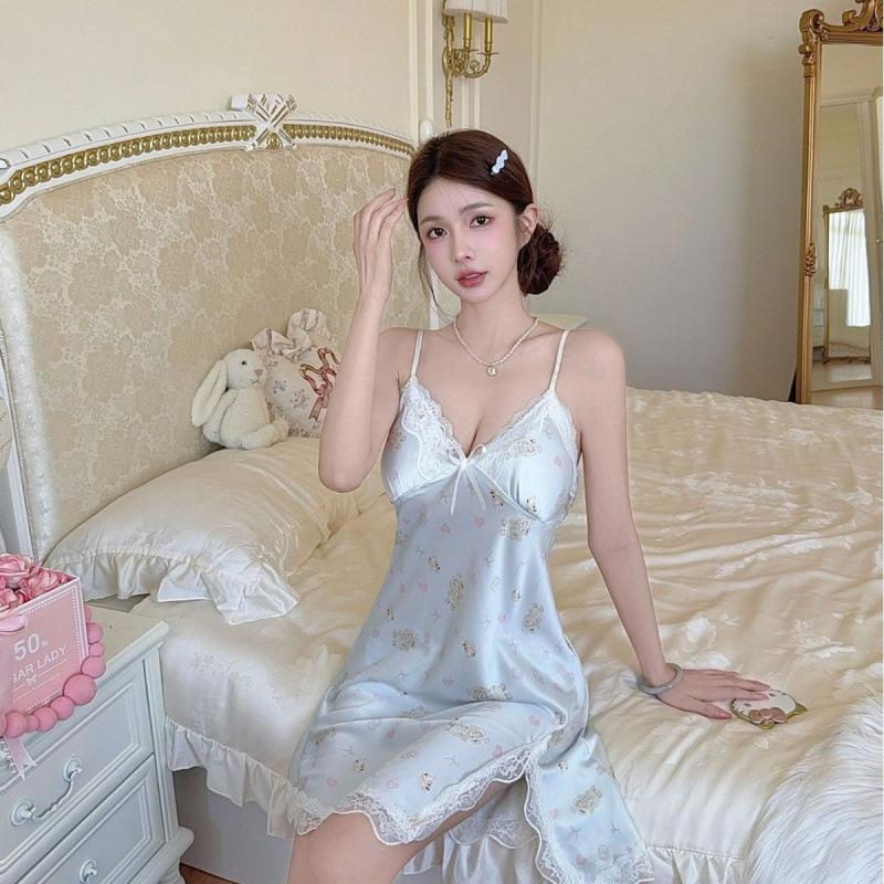 Sexy lace backless suspender pajamas spring and summer ice silk thin loungewear with chest pad plus size pajamas women