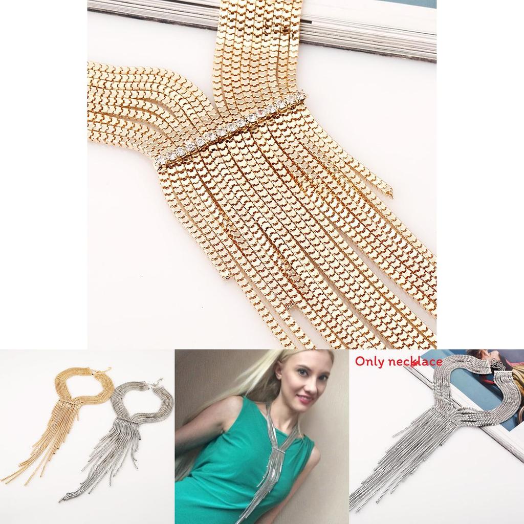Fashionable Rhinestone Decorative Long Tassel Design Women Metal Necklace For Stylish Office And Daily Outfits