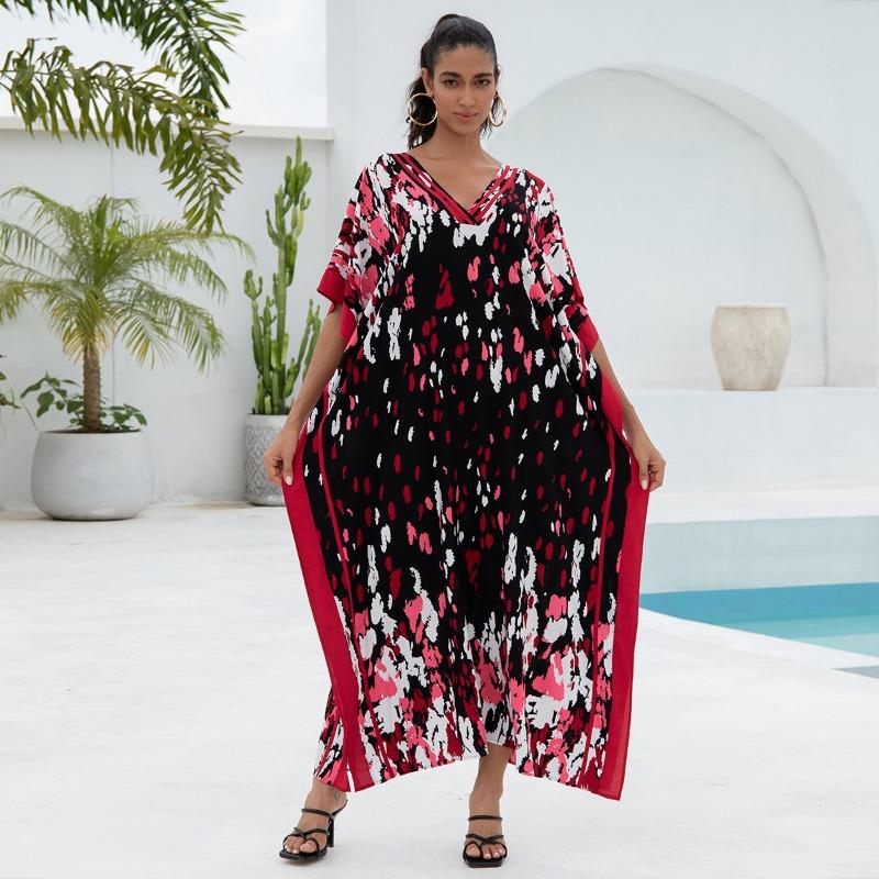 Women's Fashion Summer Spring Solid Color Print 1/2 Sleeves V-Neck Loose Waistline Casual Dresses