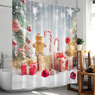 Merry Christmas Shower Curtain Santa Claus Winter Holiday Bathroom Decor Xmas Tree Ball Polyester Fabric Bath Curtain with Hooks