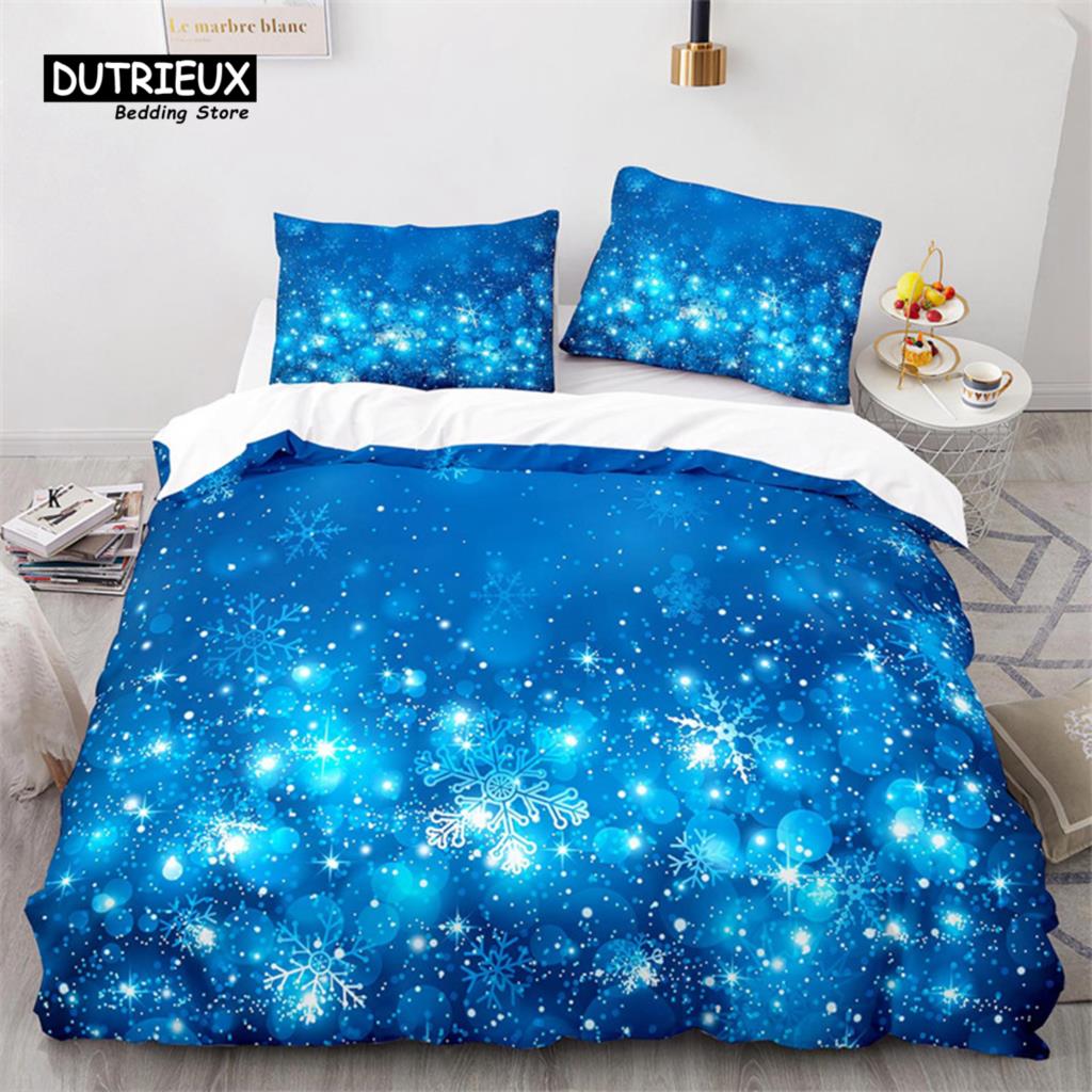 Schneeflocken Bettbezug Winterthema Geometrisches Muster Bettwäscheset Mikrofaser Blau Floral Quiltbezug Für Mädchen Junge Weihnachtsdeko
