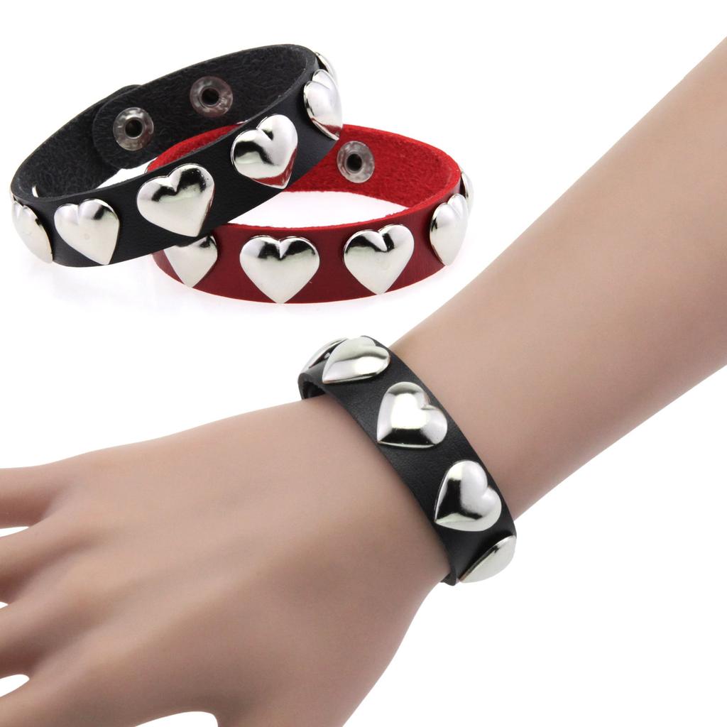 Gothic Punk Heart Stud PU Leather Bracelet, Adjustable Stainless Steel Snap Wrist Cuff Unisex Couple Wristband
