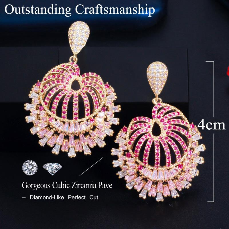WWJ Romantic Flower Rose Red Zircon Big Dangle Drop Earrings for Brides