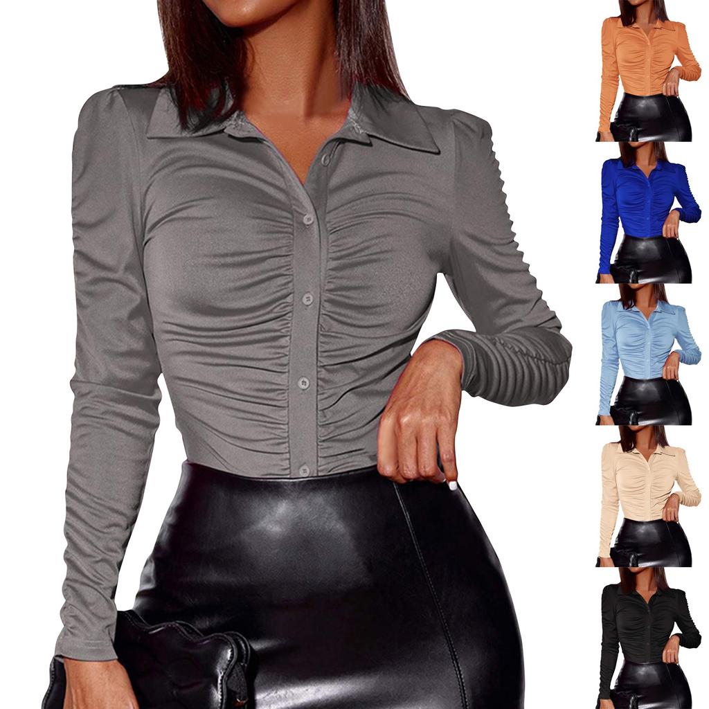 Damenmode Sexy Plissee Cardigan Revers Einreihiges Langarmhemd