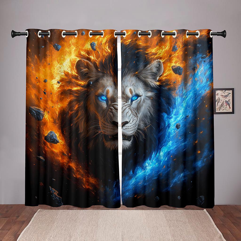 

2 шт. 3D шторы с изображением огненного льда и льва, классный контрастный принт для спальни, гостиной, декора, креативные панели для окон с изображением животных 50W130H(CM)X2PCS&Hook
