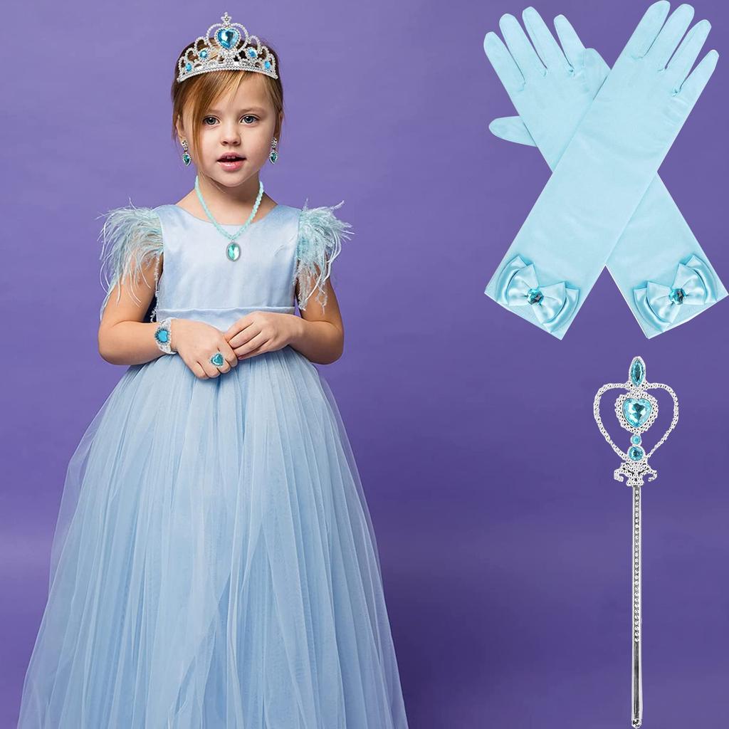 DERAYEE Princess Gloves for Cosplay, Princess Elsa, Kids' Frozen Costume, Frozen Gloves, Party Tiara, and Magic Wand Accessory Set for Ages 6 and Up