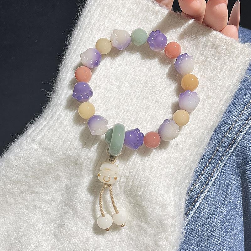 White Jade Bodhi Hand String Charcoal-Burned Little Cat Paw Single Circle Handheld Buddhist Beads Bracelet for Men and Women