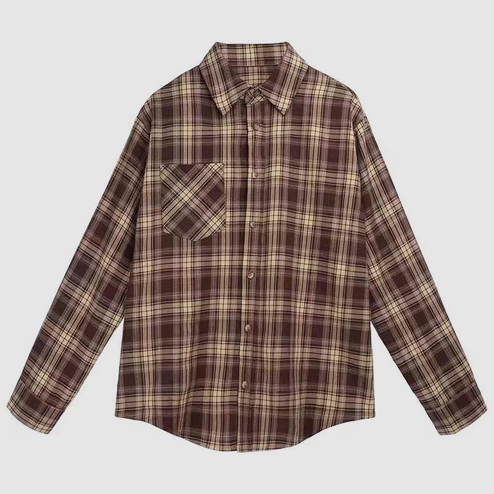 Women's Plaid Long Sleeve Korean Style Cardigan Shirt - Loose Retro Jacket for Spring and Autumn