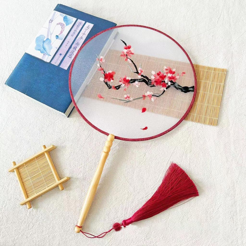Embroidery Round Fan Classical Long Handle Group Fan Dance Fans Photography Props Home Decor