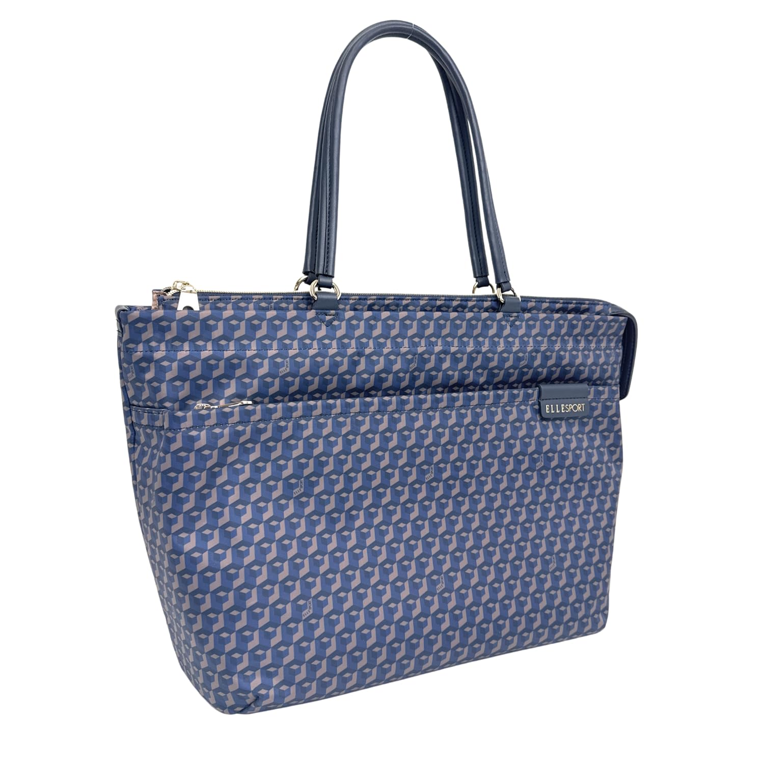 Elle Sports Double-Flap Tote Bag, Cube Pattern, Lightweight, Water-Repellent, Fits A4 Size (Navy)