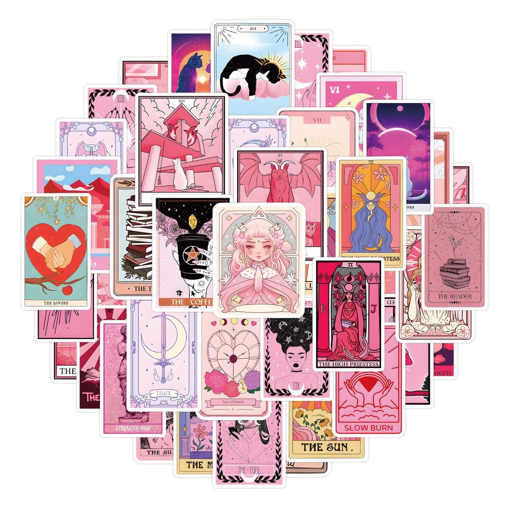 55 Cartoon Pink Tarot Graffiti Stickers - Waterproof DIY Decoration for Guitar & Suitcase