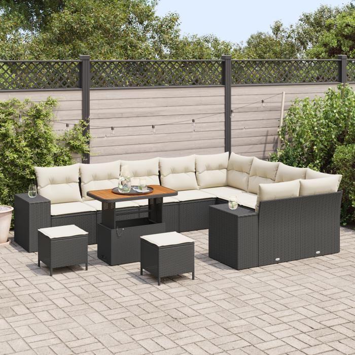 Ensemble Canapés de Jardin 12 pièces avec Coussins Rattan PE Noir Acacia, Ensemble Salle à Manger Jardin 3 pièces 3362045