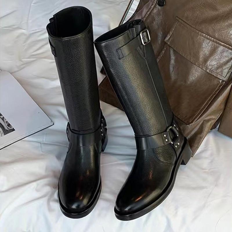 Cowhide~ Grape Mom same British style belt buckle medium boots thick heel Martin boots women's western boots knight boots