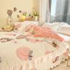 Botanical Floral and Cartoon Rabbit Duvet Cover 3pcs Kawaii Pink Bedding Set For Girl Teen 100% Cotton Farmhouse Comforter Cover