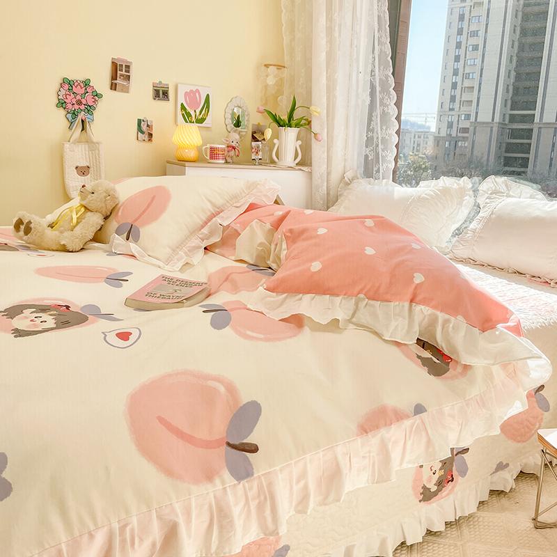Botanical Floral and Cartoon Rabbit Duvet Cover 3pcs Kawaii Pink Bedding Set For Girl Teen 100% Cotton Farmhouse Comforter Cover