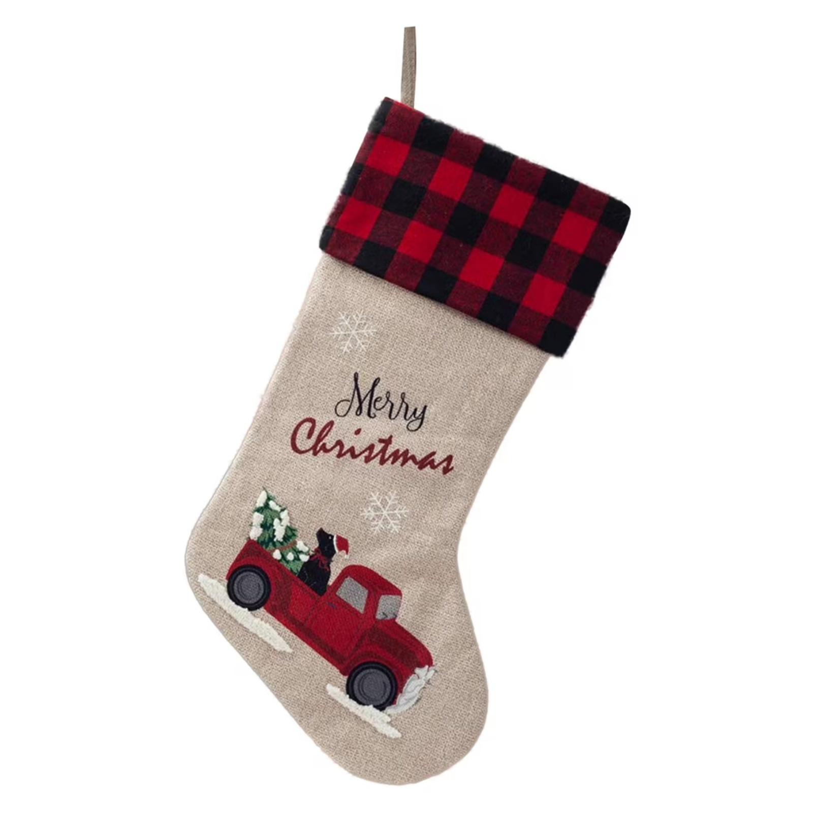 

Christmas Stocking Plaid Trim, 18.5 Inch Vintage Xmas Stocking With Red Truck Pattern Christmas Trees Fireplace Decoration One Size