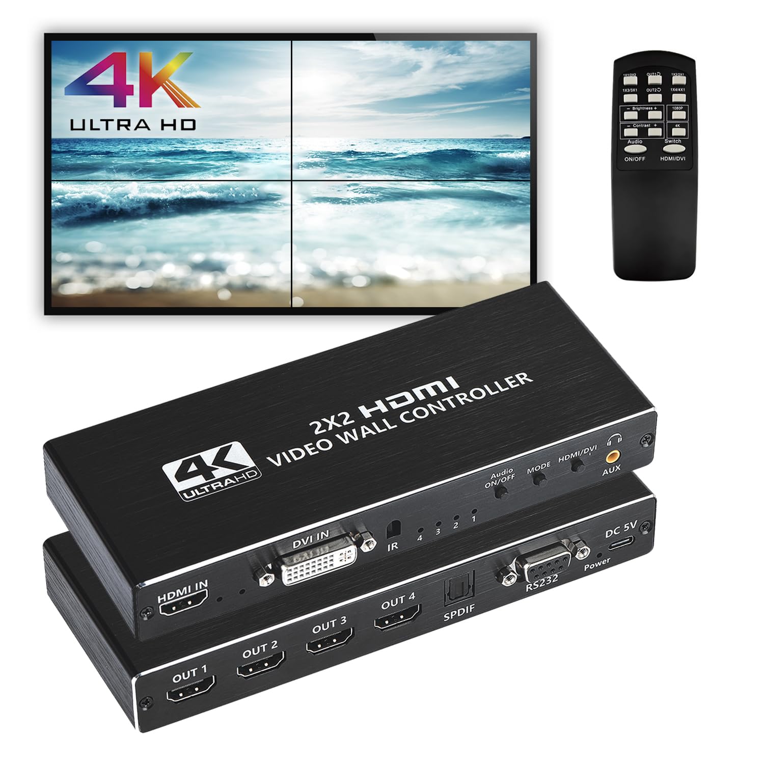 

2x2 HDMI Video Wall Controller 4K HD Display 4x1 1920x1080P 60Hz HDMI DVI RS232 Video Input 4 HDMI Outputs with Remote Border Rotation 8 Display Modes чорний