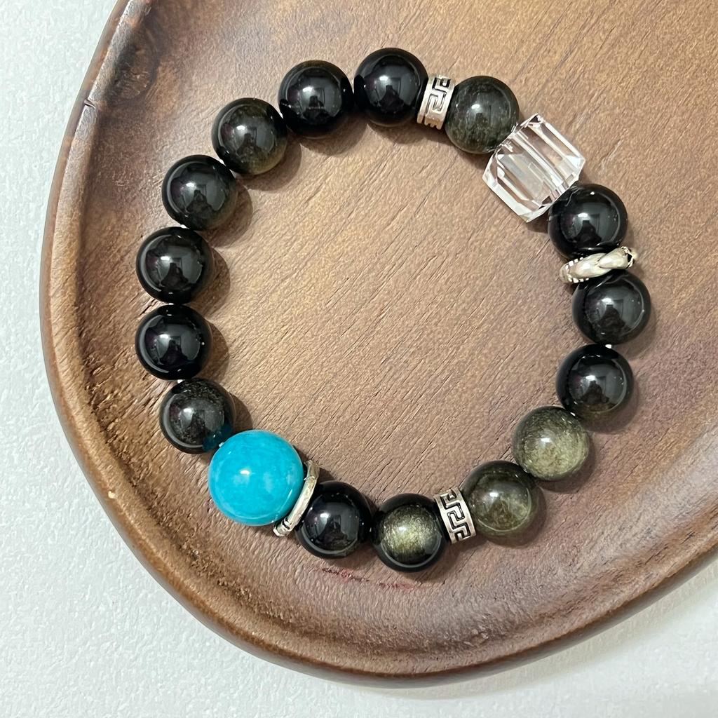 Natural Obsidian Beaded Bracelets for Men 12mm Stone Strand Bangle for Energy Shielding Grounding Stress Negative Energy Protection DIY Jewelry Gifts