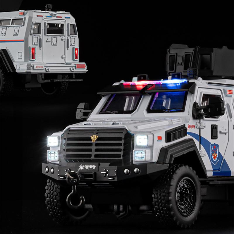 1:32 Alloy Police Explosion Proof Car Model Diecasts Metal Sword Toothed Tiger Armored Vehicles Car Model Sound Light Kids Gifts