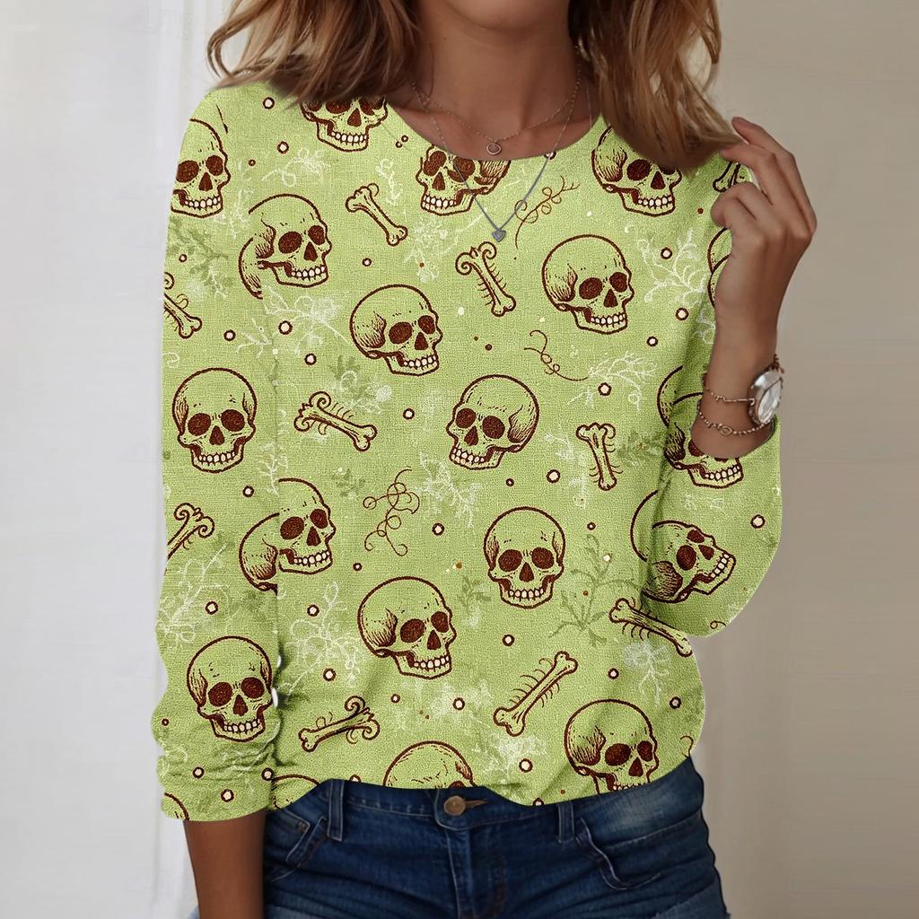 Women's Casual Long Sleeve Halloween Skull Print Pullover Crew Neck Top Lightweight Comfortable Fit for Everyday Wear