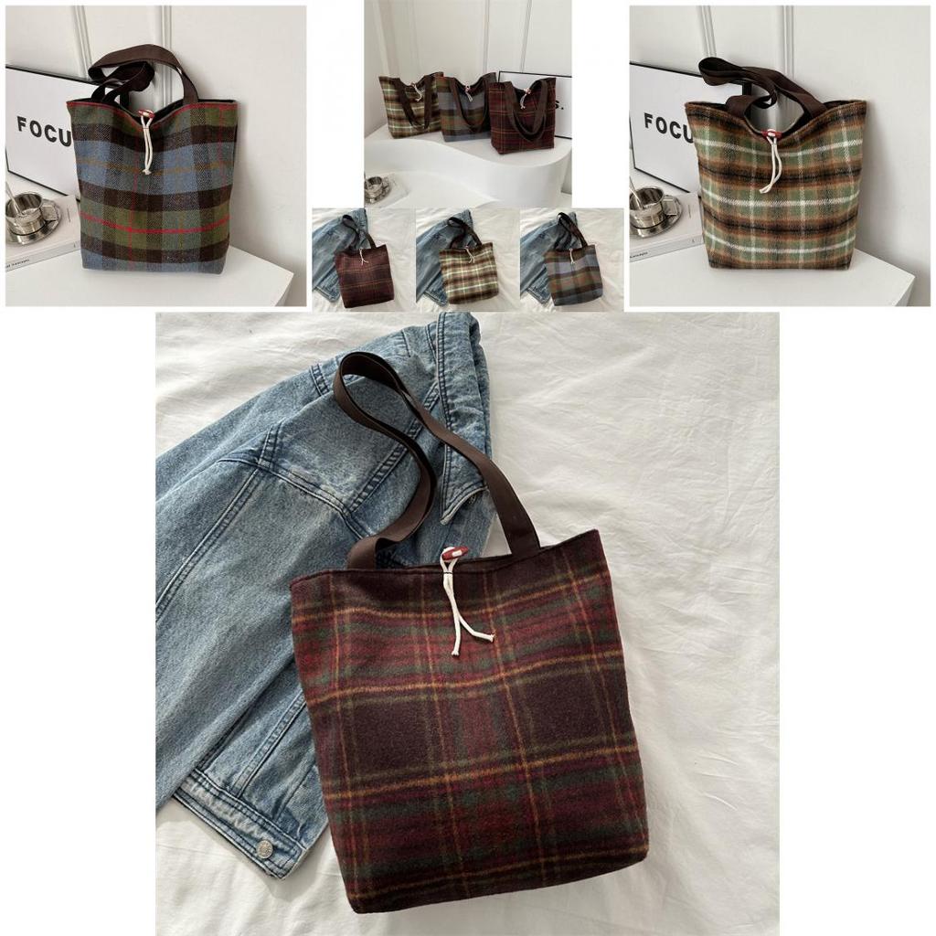 2024 New Korean Style Large Capacity Plaid Tote Bag Woolen Fabric Street Fashion Underarm Bag