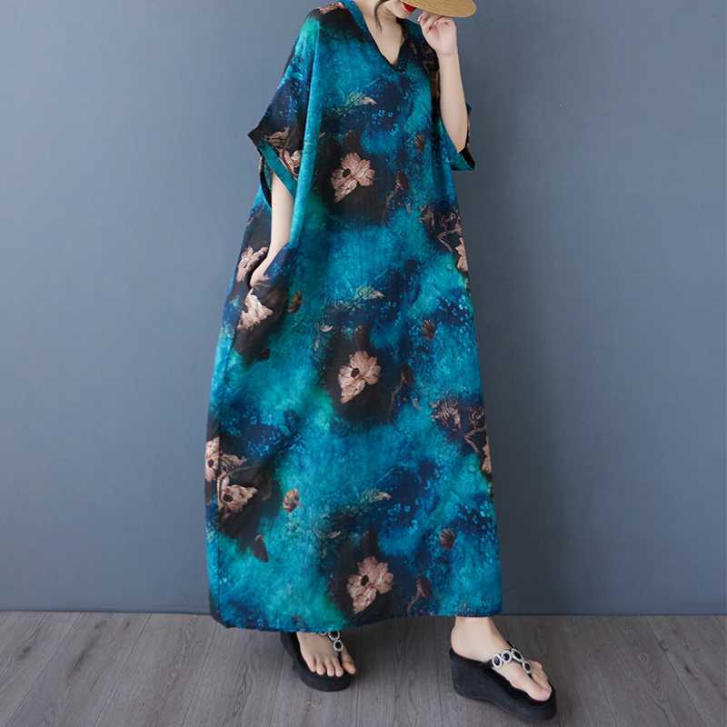 

Женское винтажное длинное платье с хлопковыми и льняными узорами One Size