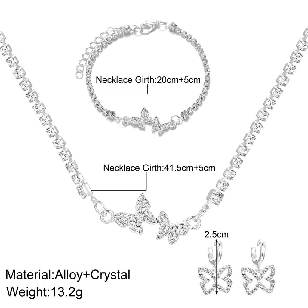 Creative Rhinestone Butterfly Pendant Necklace Earring Bracelet 3 Piece Set Women Fashion Jewelry Gift