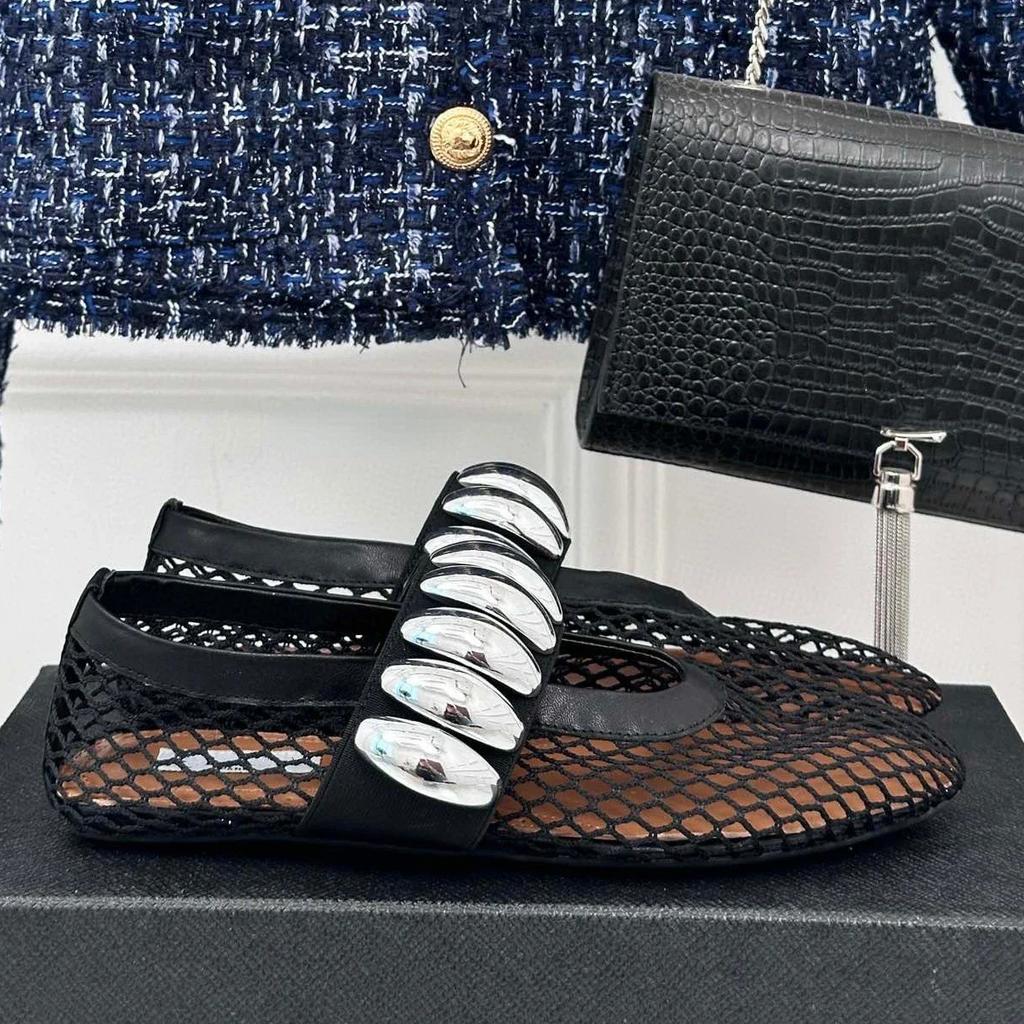 Fashion Metal Buckle Decoration Mesh Mules Flat Shoes for Women Summer Breathable Comfort Ballet Shoes Fashion Soft Sole Casual Shoes