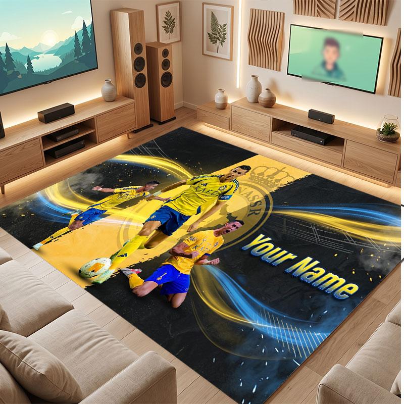 Cristiano Ronaldo Custom Crystal Velvet Rug, Personalized Name Text Print, Football Logo Soft Non‑Slip Floor Mat Home Decor Gift