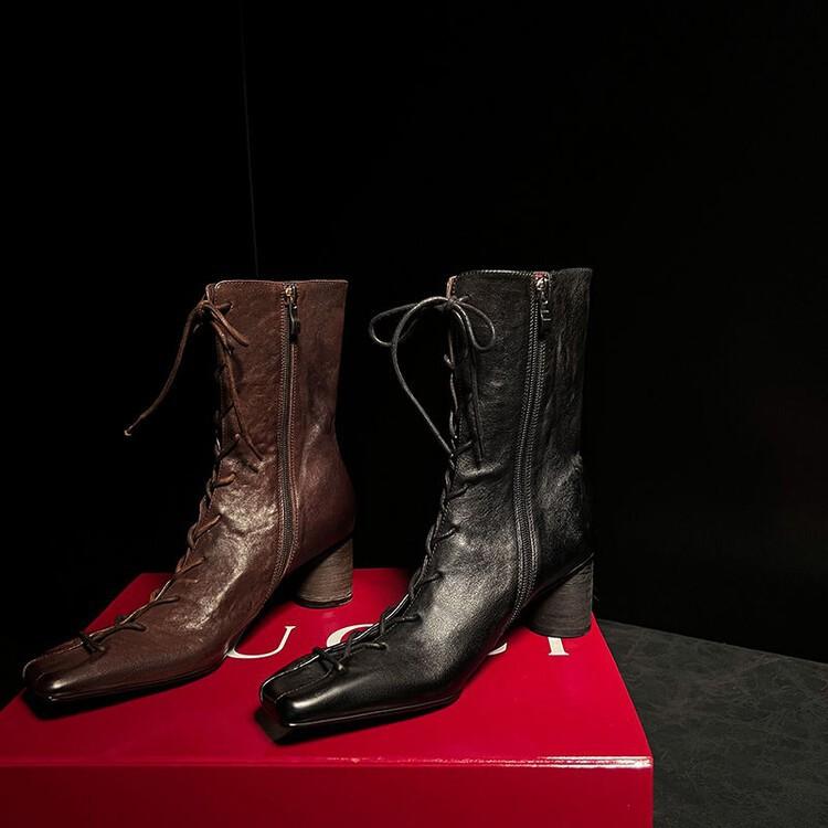 Full Leather French Niche Design Square Head Leather Shoes 2025 New Thick Heel Lace-up Single Shoes Women's High Heel European Goods Women