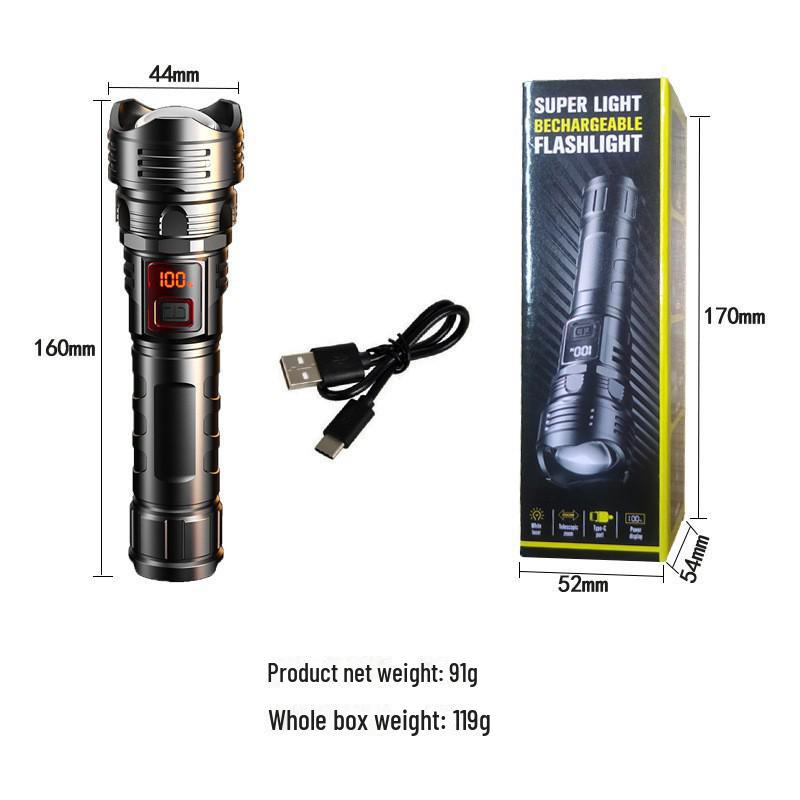 High-Power Rechargeable White Laser Flashlight with Digital Display for Outdoor Use