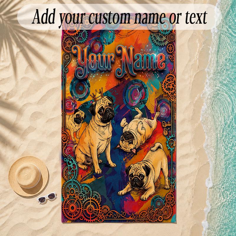 Pug Theme Soft Beach Towel Personalized Custom Name Text Towel Portable for Beach Pool Travel