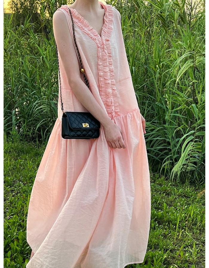 Johnature French Clear Fungus Edge A-line Korean Casual Loose Dresses Women Summer Sweet V-neck Sleeveless Dress