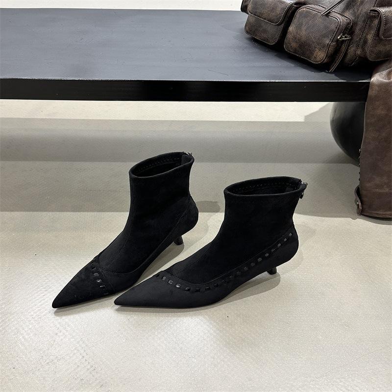 French kitten and suede pointed boots children's short boots 2025 new autumn and winter high-heeled thin boots