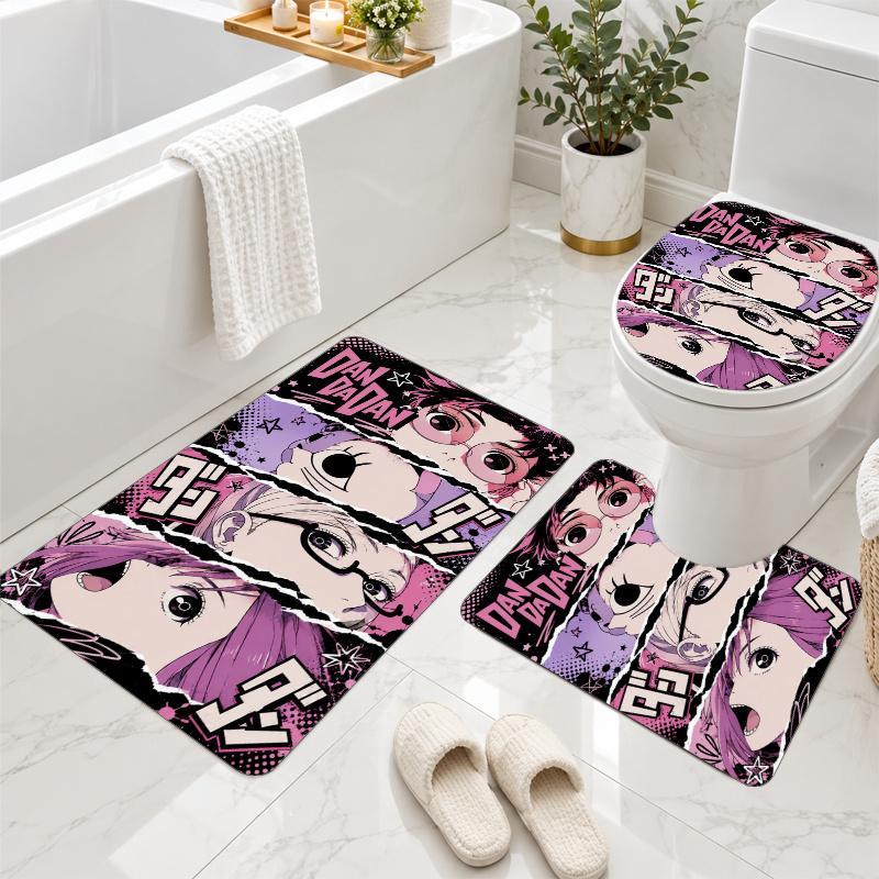 3Pcs Flannel Toilet Mat Set Dandadan Bathroom Rug Non Slip Bath Carpet Home Decor